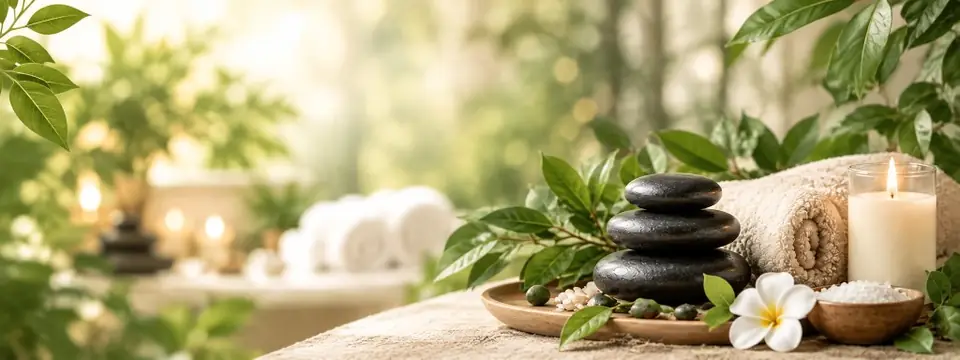 Ambiente de spa con piedras, vela y flor